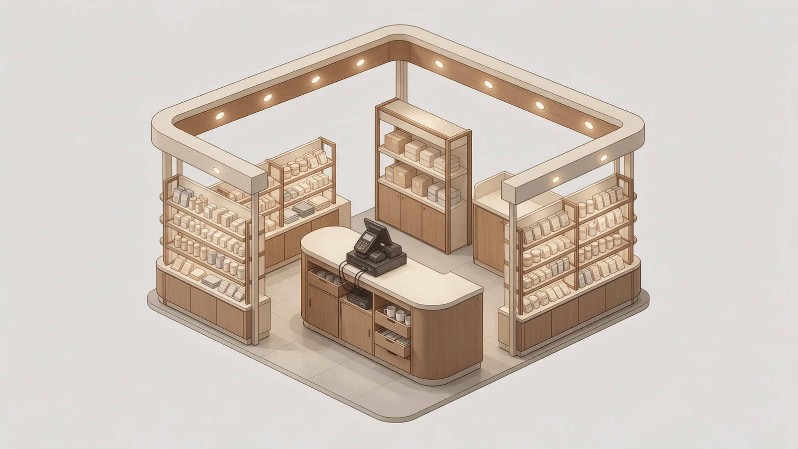 Illustrative isometric cutaway of a compact kiosk showing service counter, display shelving, staff aisle and storage